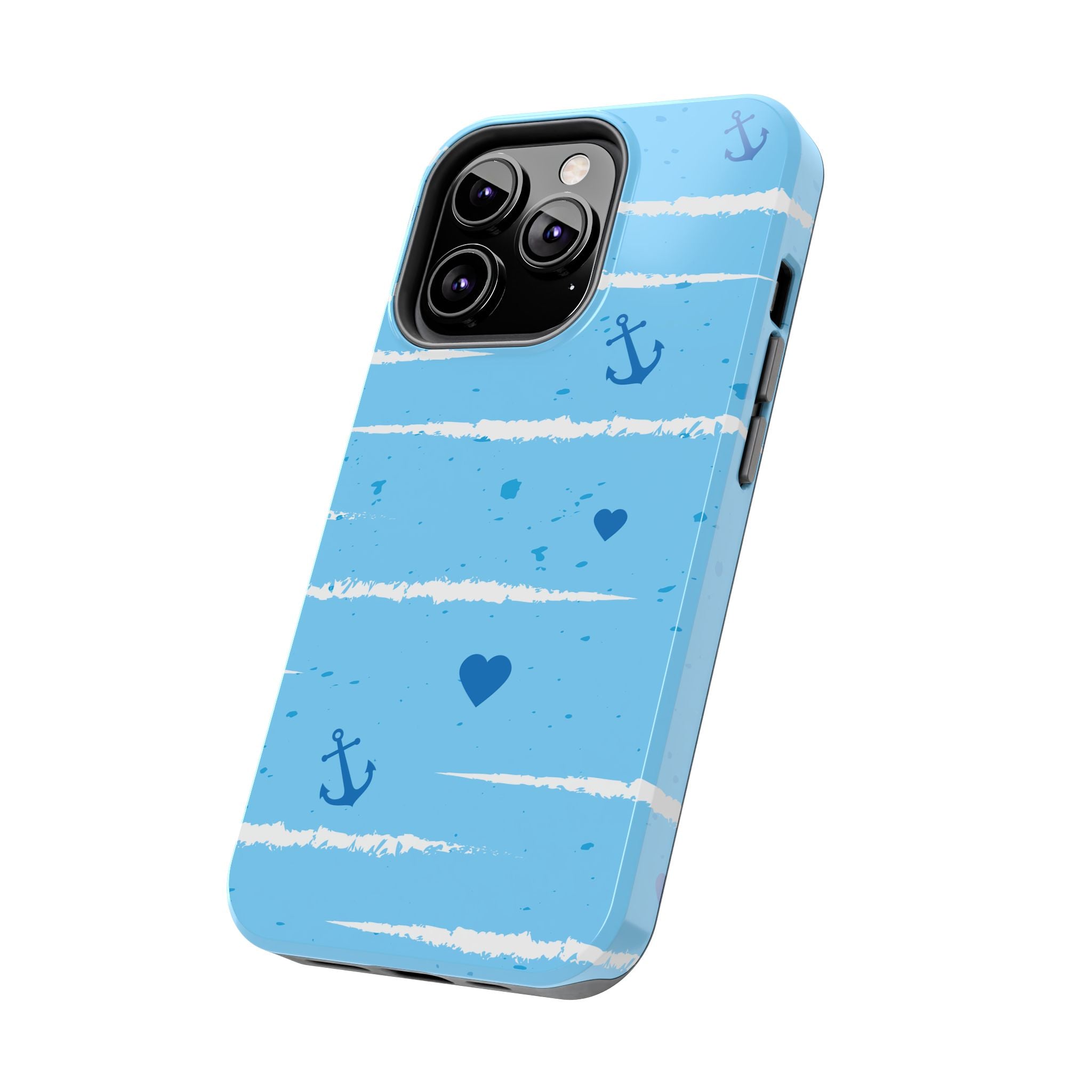 Nautical Blue Anchor & Hearts Tough Phone Case — Cute Striped Protective Cover