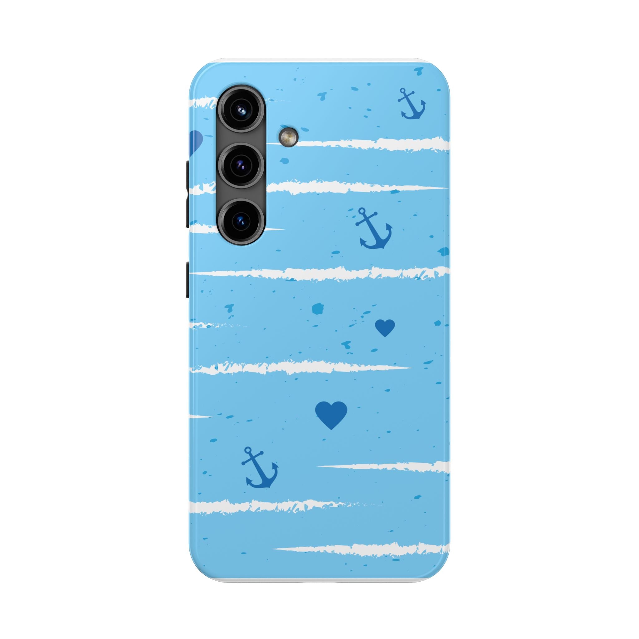 Nautical Blue Anchor & Hearts Tough Phone Case — Cute Striped Protective Cover