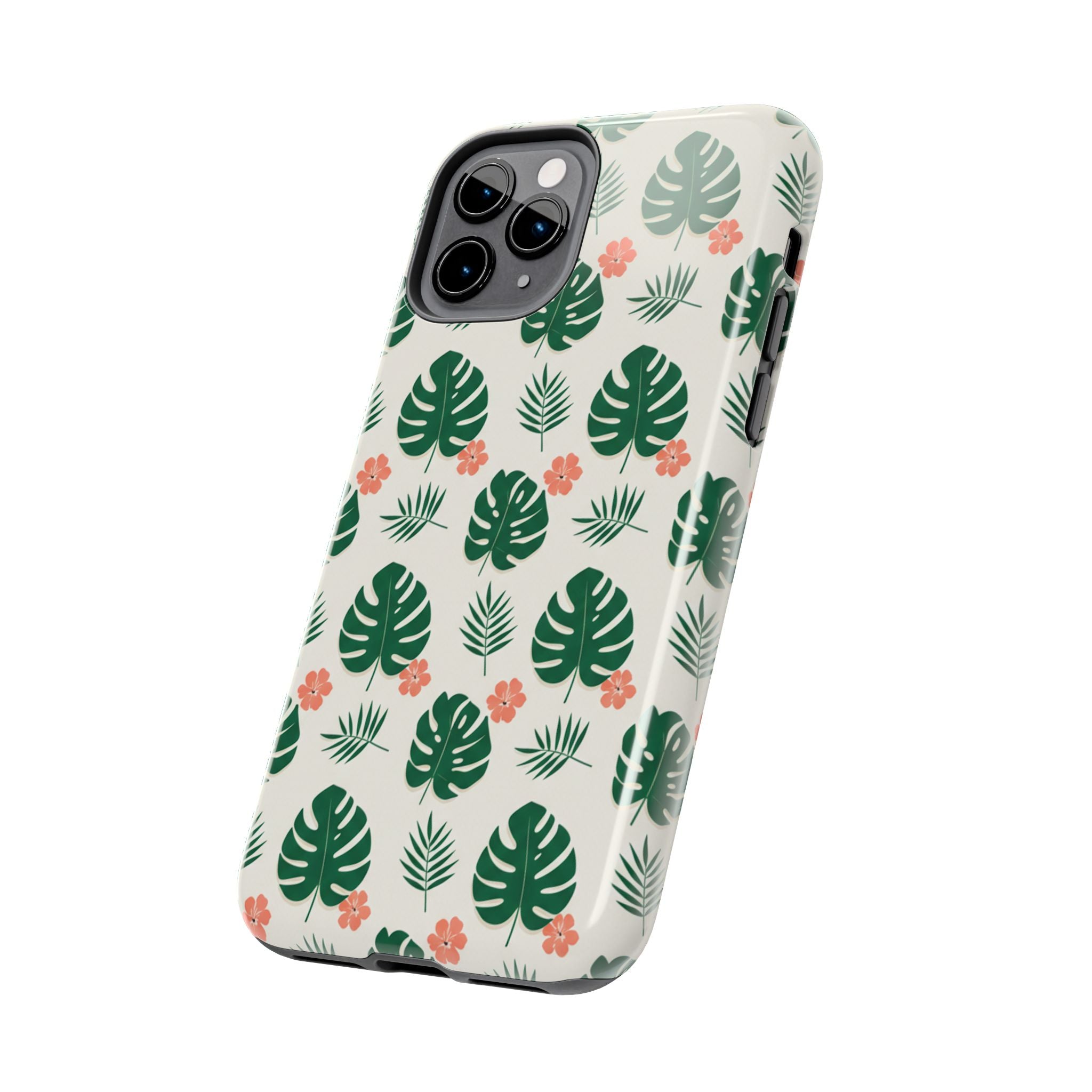 Tropical Leaves Tough Phone Case — Monstera & Pink Floral Protective Cover