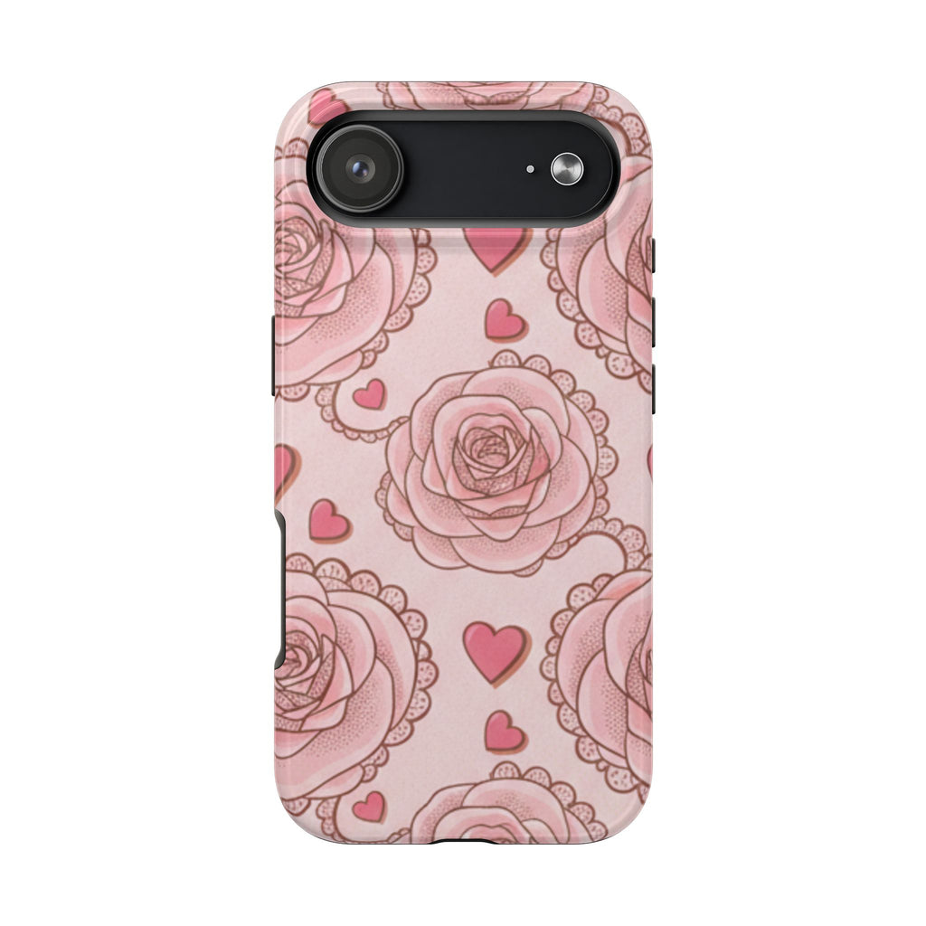 Floral Heart Phone Case — Pink Rose Pattern Tough Protective Case