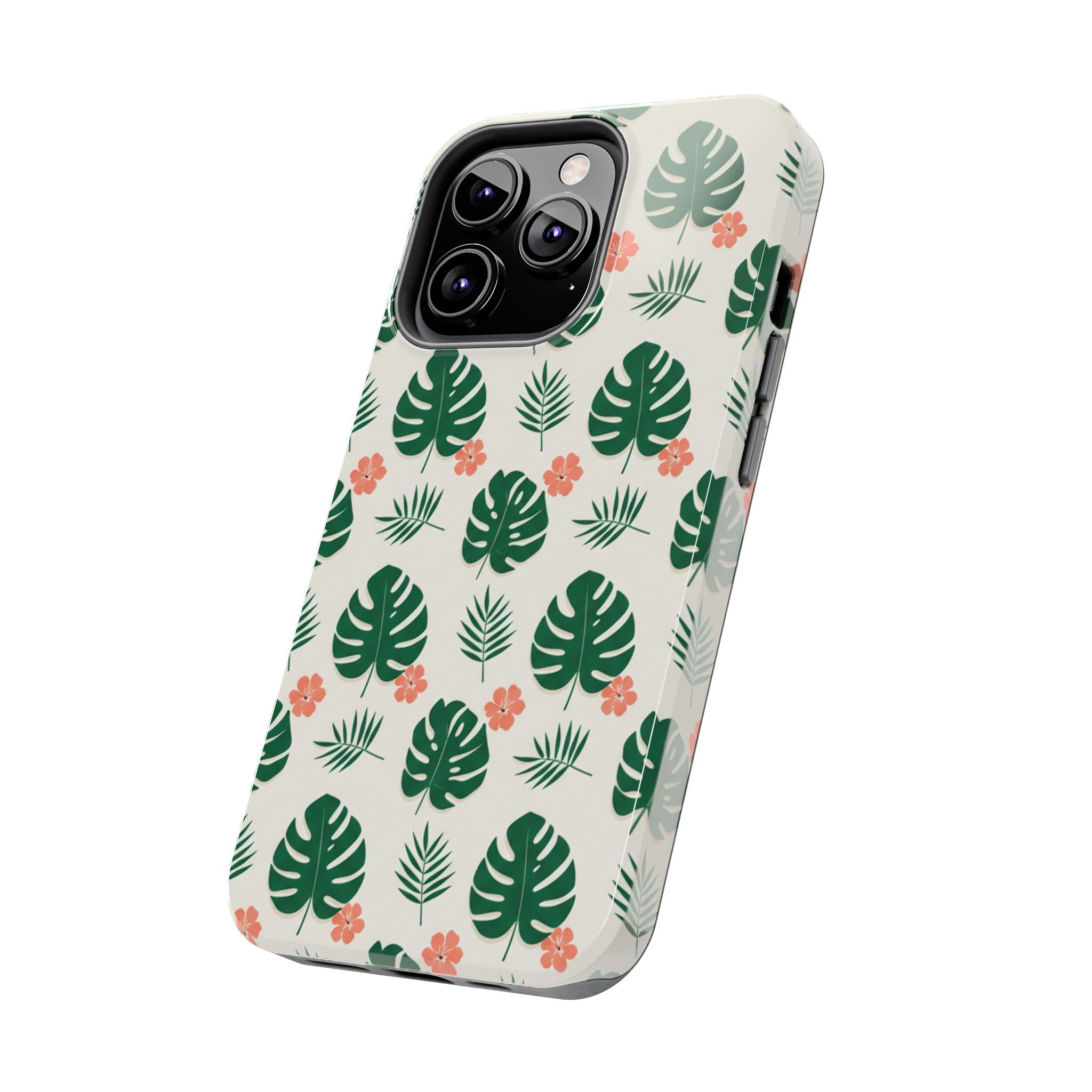 Tropical Leaves Tough Phone Case — Monstera & Pink Floral Protective Cover