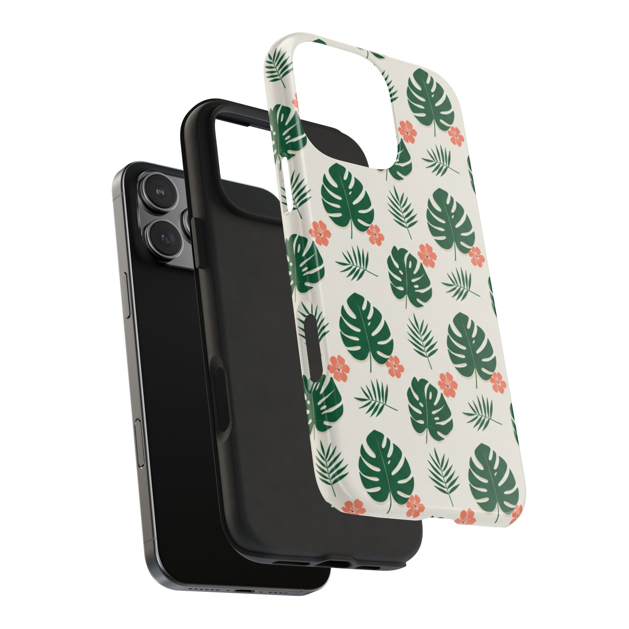 Tropical Leaves Tough Phone Case — Monstera & Pink Floral Protective Cover