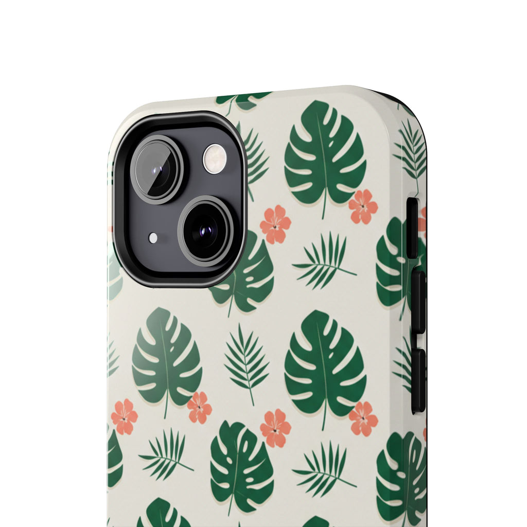 Tropical Leaves Tough Phone Case — Monstera & Pink Floral Protective Cover