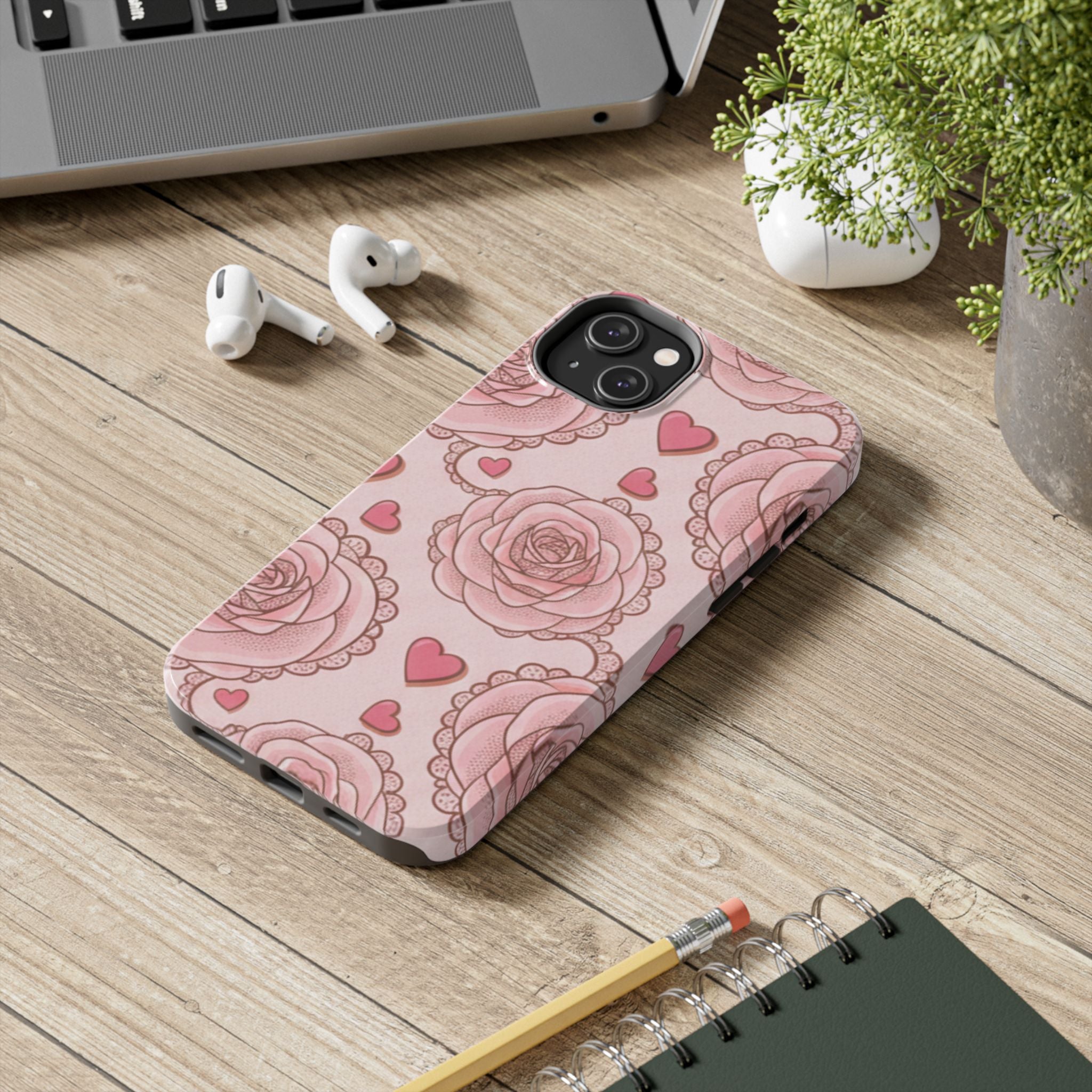 Floral Heart Phone Case — Pink Rose Pattern Tough Protective Case