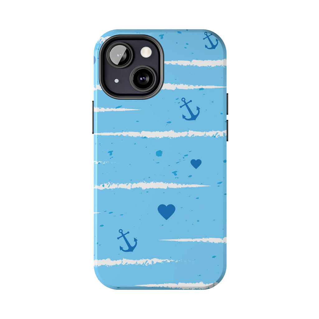 Nautical Blue Anchor & Hearts Tough Phone Case — Cute Striped Protective Cover