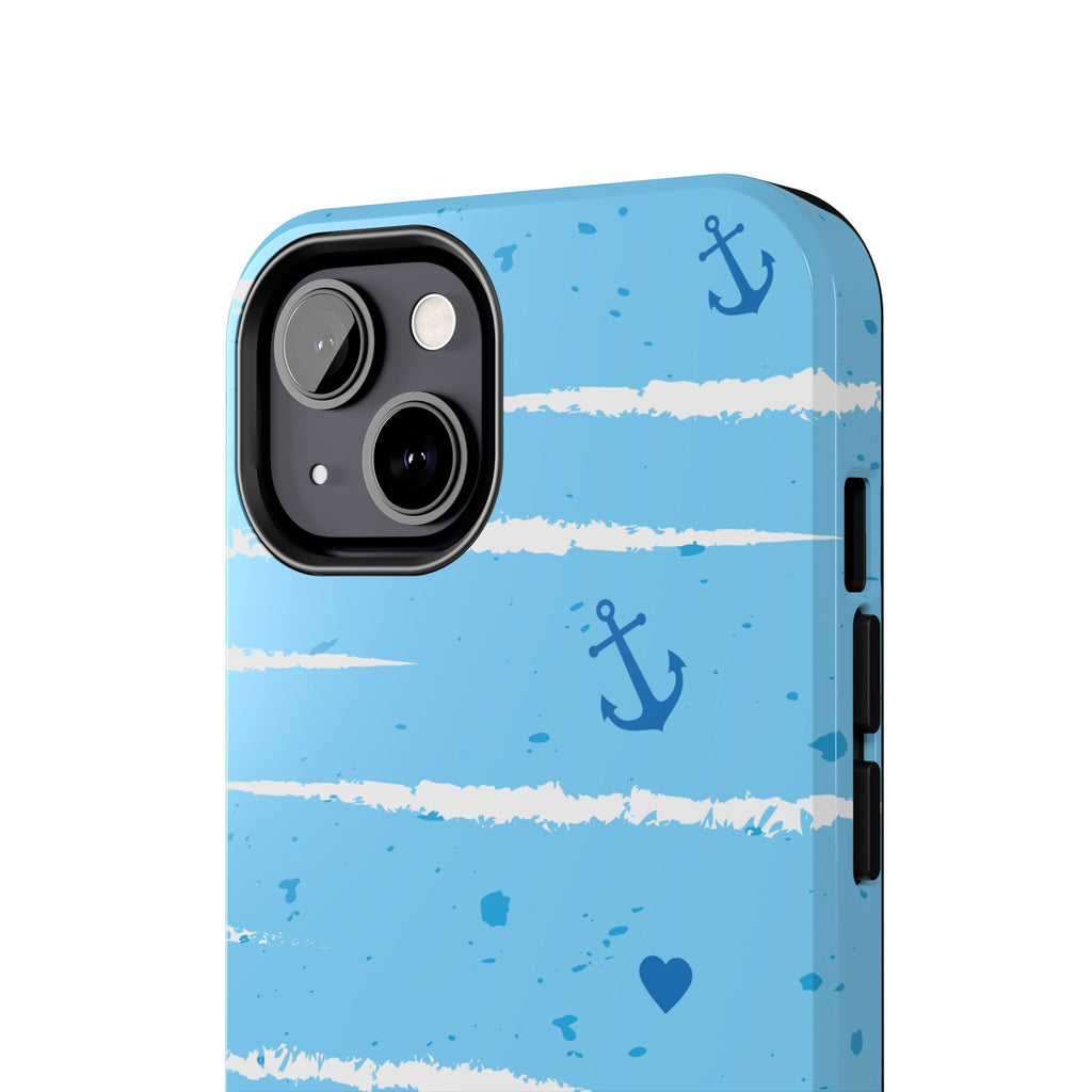 Nautical Blue Anchor & Hearts Tough Phone Case — Cute Striped Protective Cover