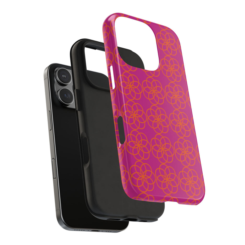 Floral Geometric Tough Phone Case — Pink & Orange Patterned Protective Cover