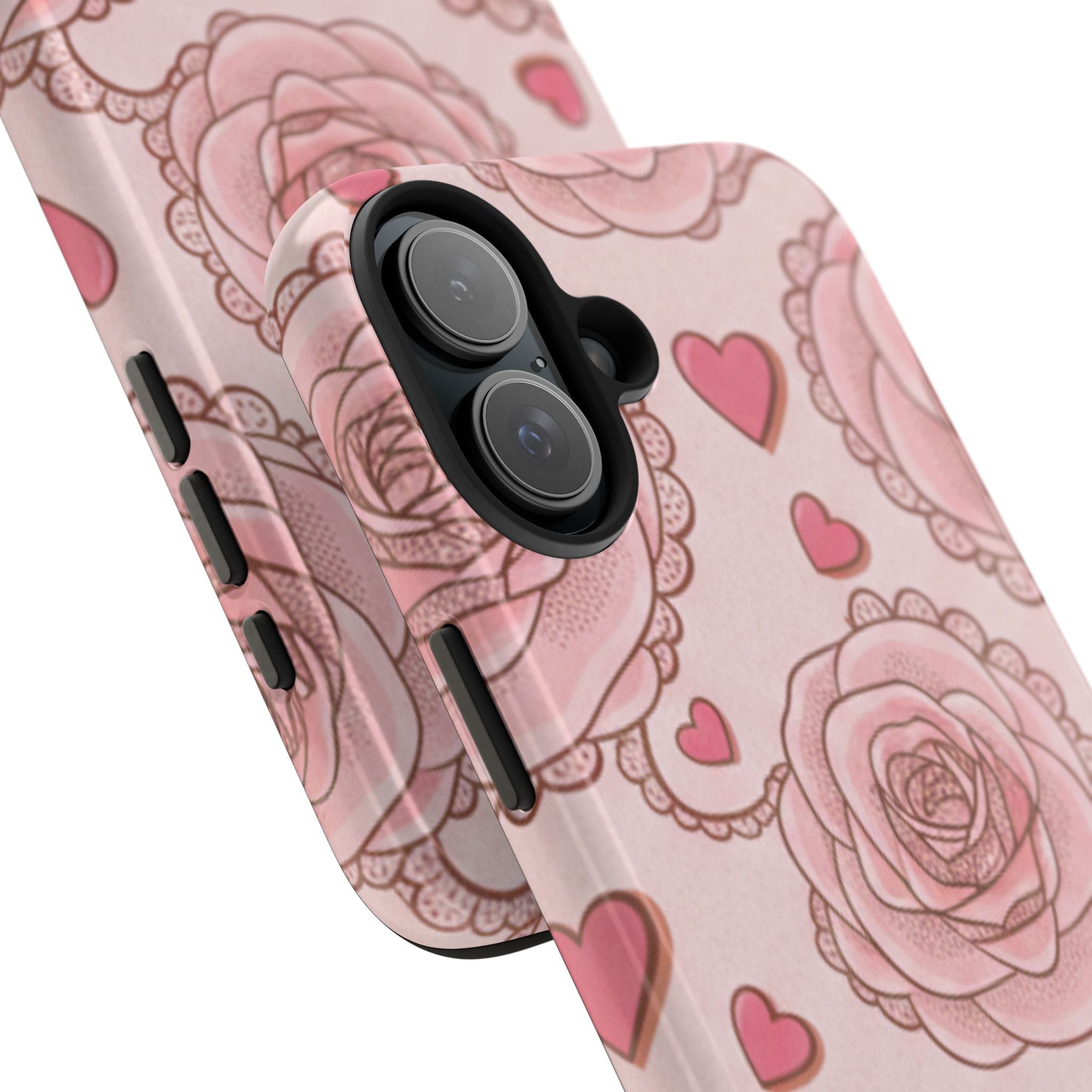 Floral Heart Phone Case — Pink Rose Pattern Tough Protective Case