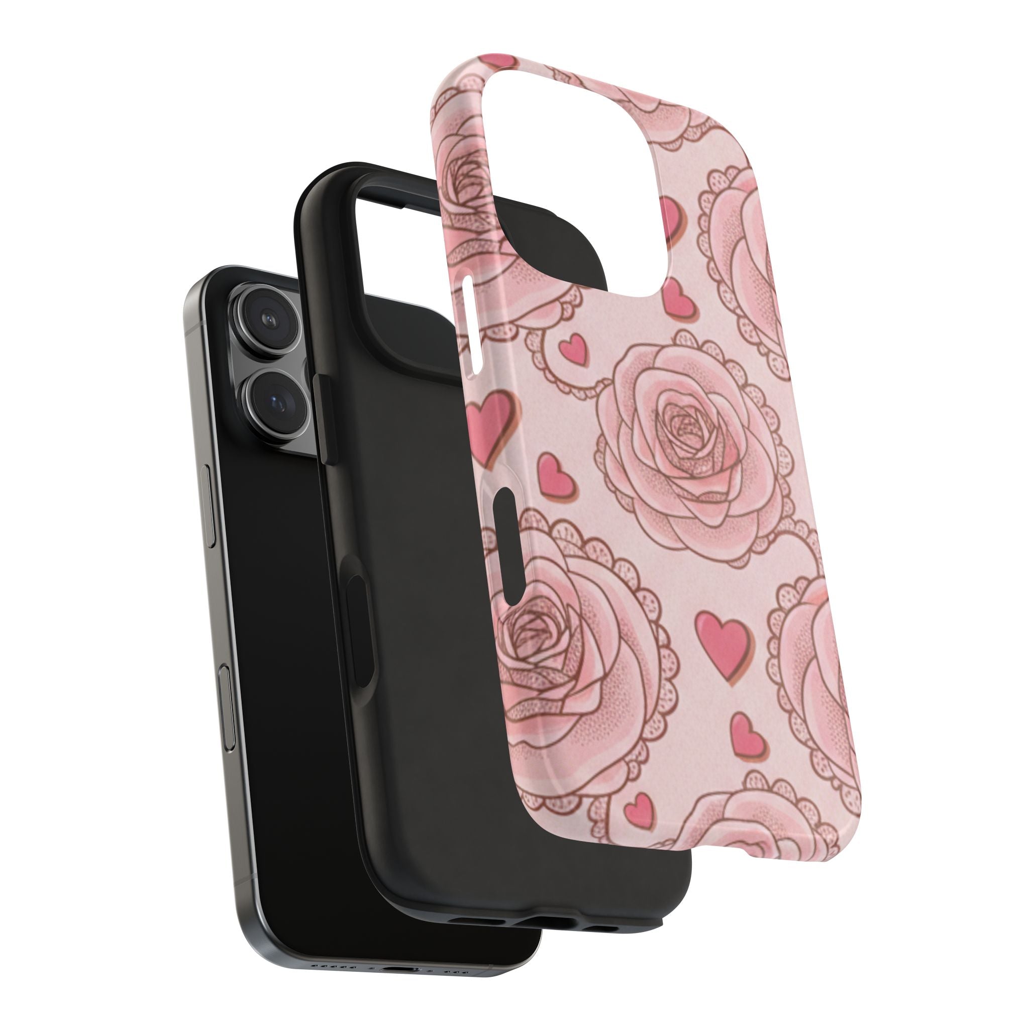 Floral Heart Phone Case — Pink Rose Pattern Tough Protective Case