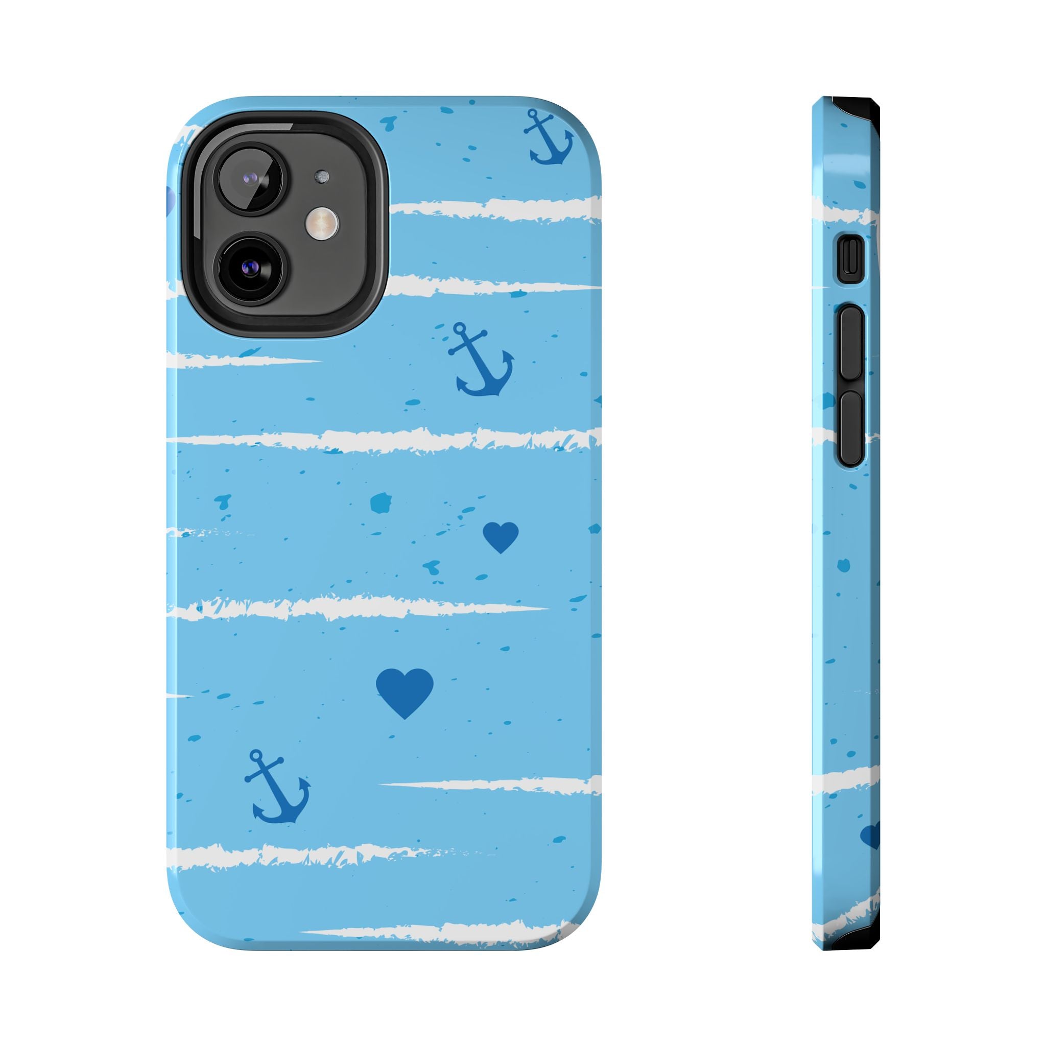 Nautical Blue Anchor & Hearts Tough Phone Case — Cute Striped Protective Cover