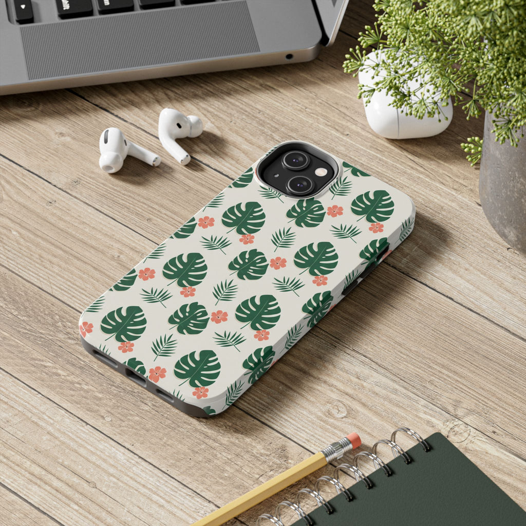 Tropical Leaves Tough Phone Case — Monstera & Pink Floral Protective Cover