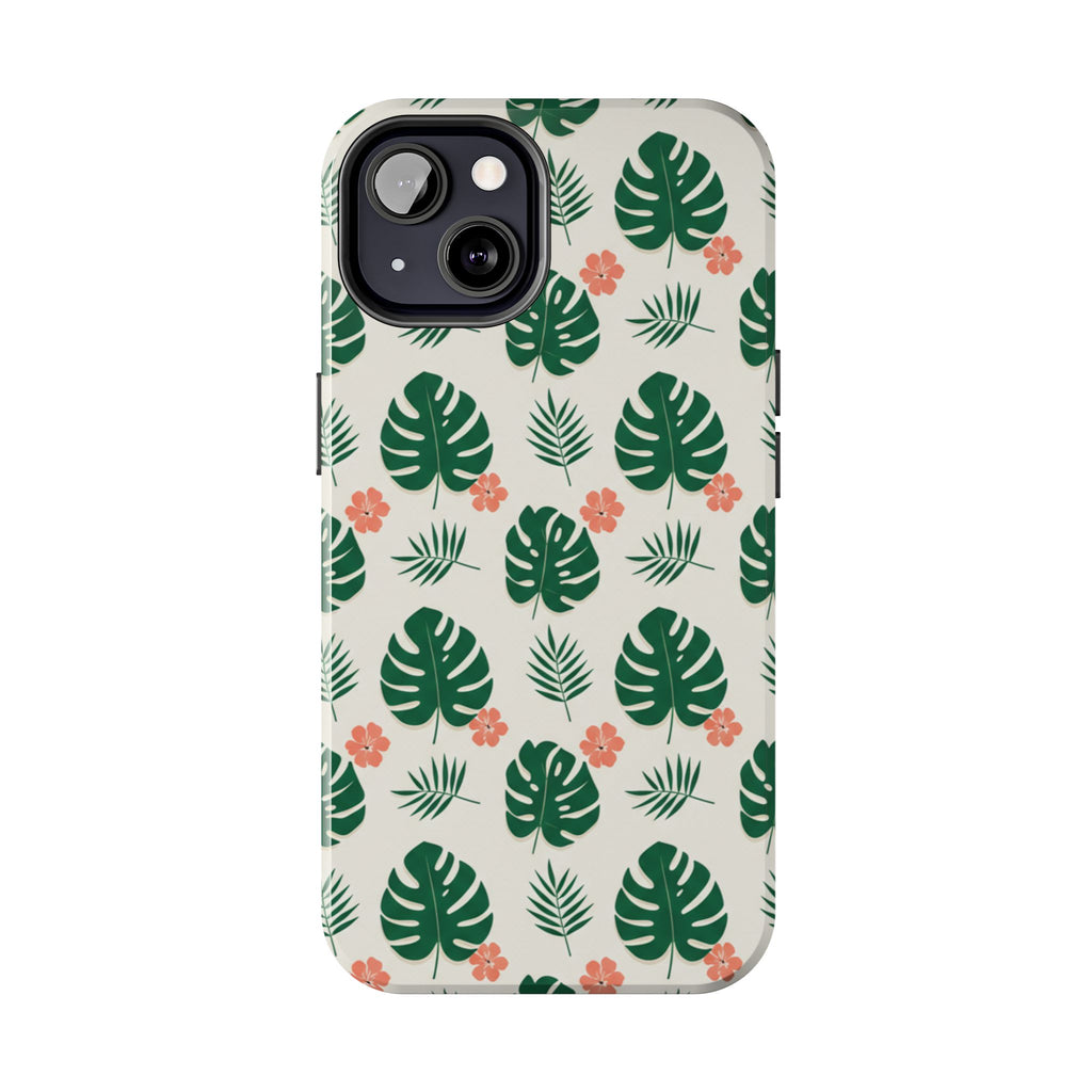 Tropical Leaves Tough Phone Case — Monstera & Pink Floral Protective Cover