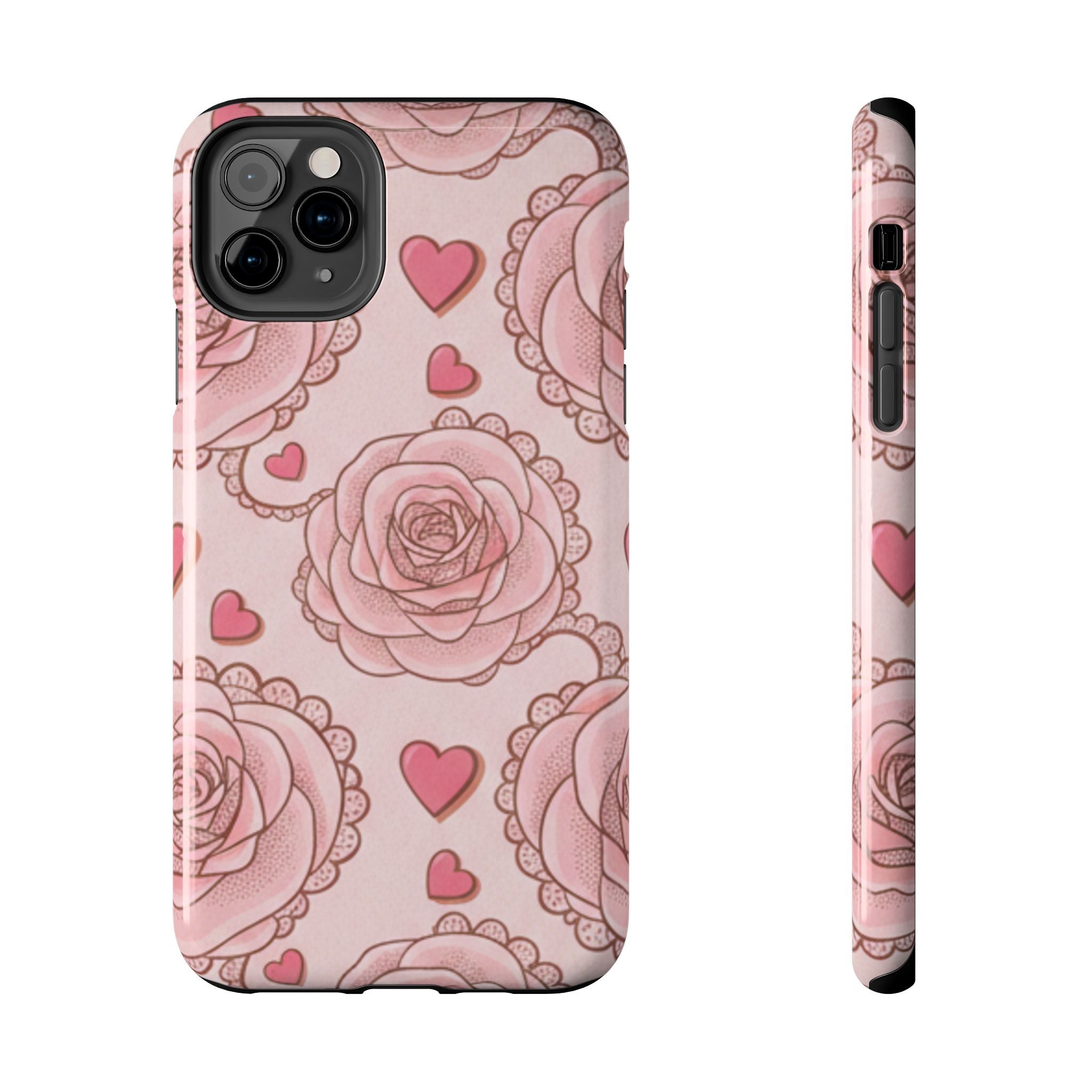 Floral Heart Phone Case — Pink Rose Pattern Tough Protective Case