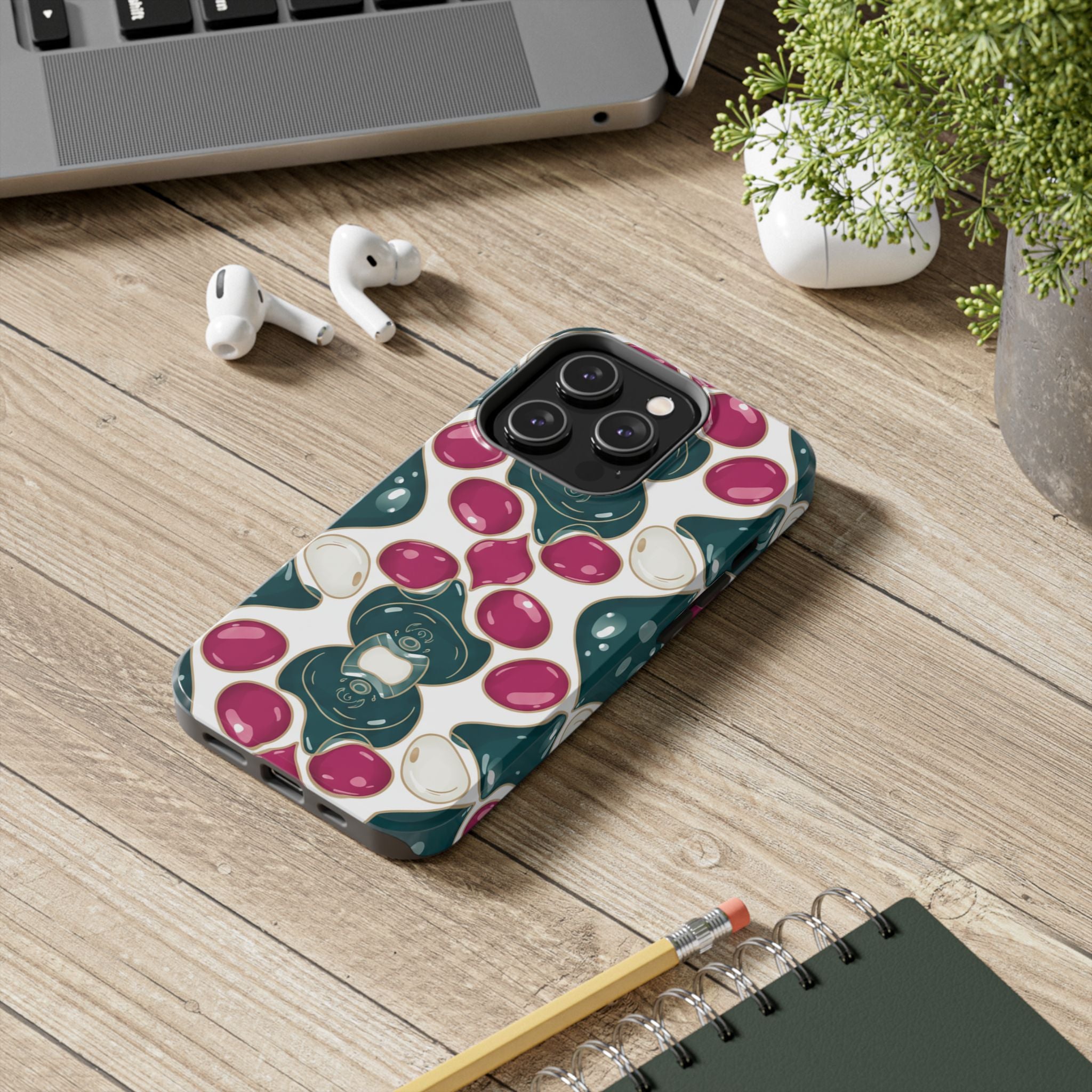 Floral Jewel Pattern Tough Phone Case — Teal & Fuchsia Protective Cover