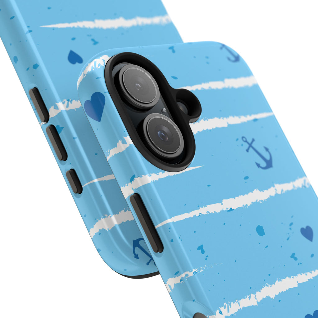 Nautical Blue Anchor & Hearts Tough Phone Case — Cute Striped Protective Cover
