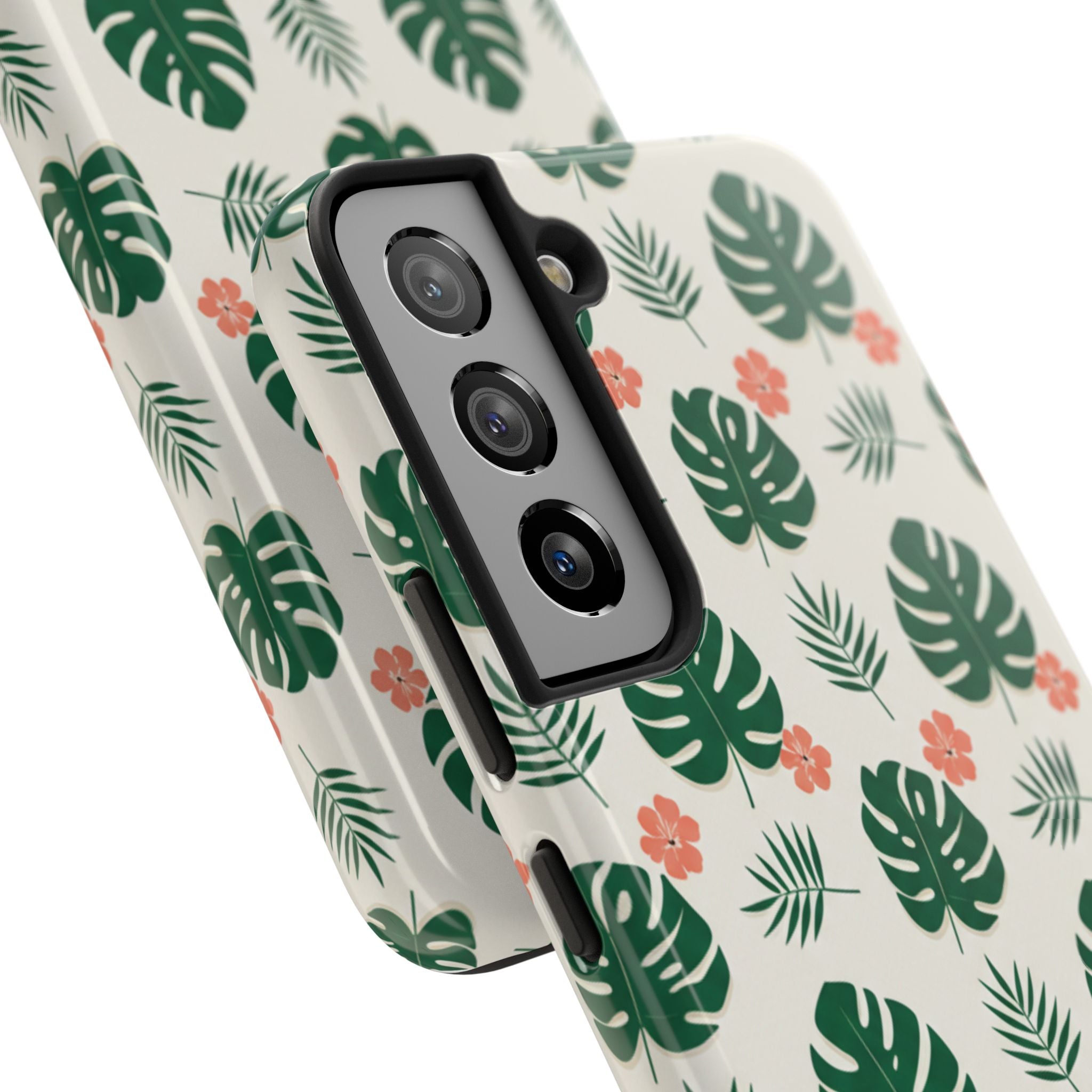 Tropical Leaves Tough Phone Case — Monstera & Pink Floral Protective Cover
