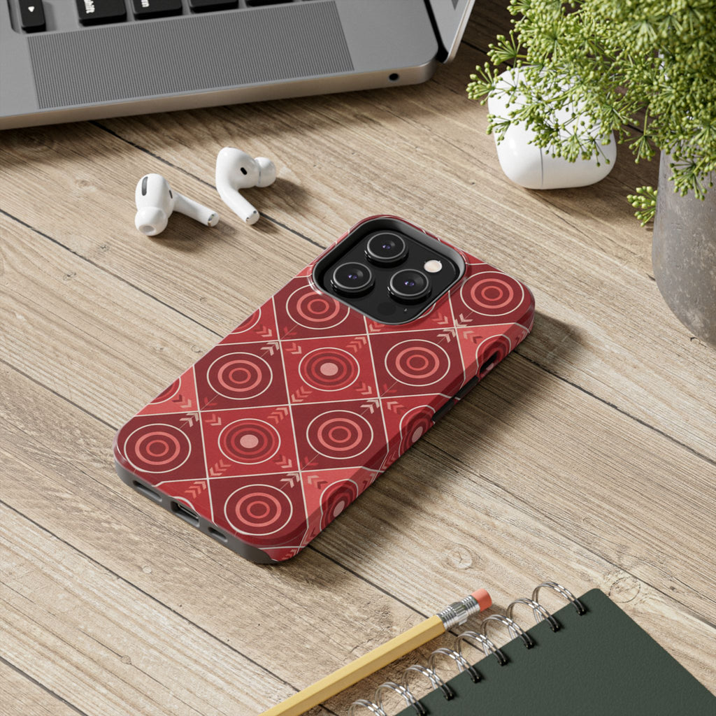 Red Geometric Target Pattern Tough Phone Case — Protective Abstract Retro Design
