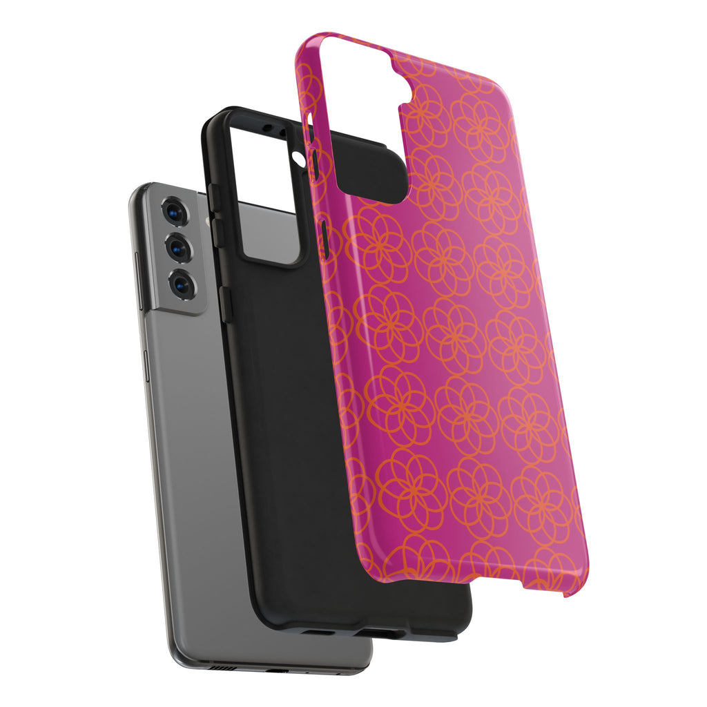 Floral Geometric Tough Phone Case — Pink & Orange Patterned Protective Cover