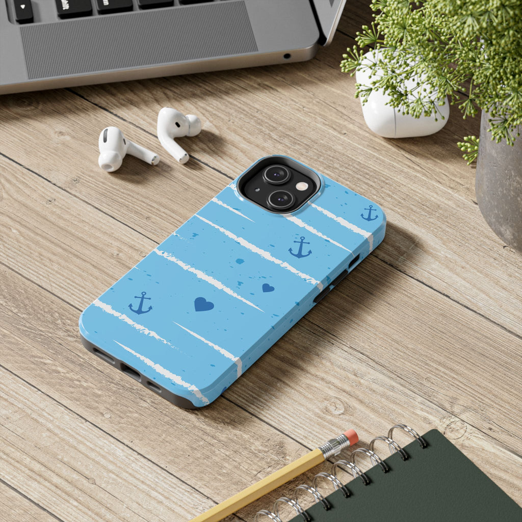 Nautical Blue Anchor & Hearts Tough Phone Case — Cute Striped Protective Cover