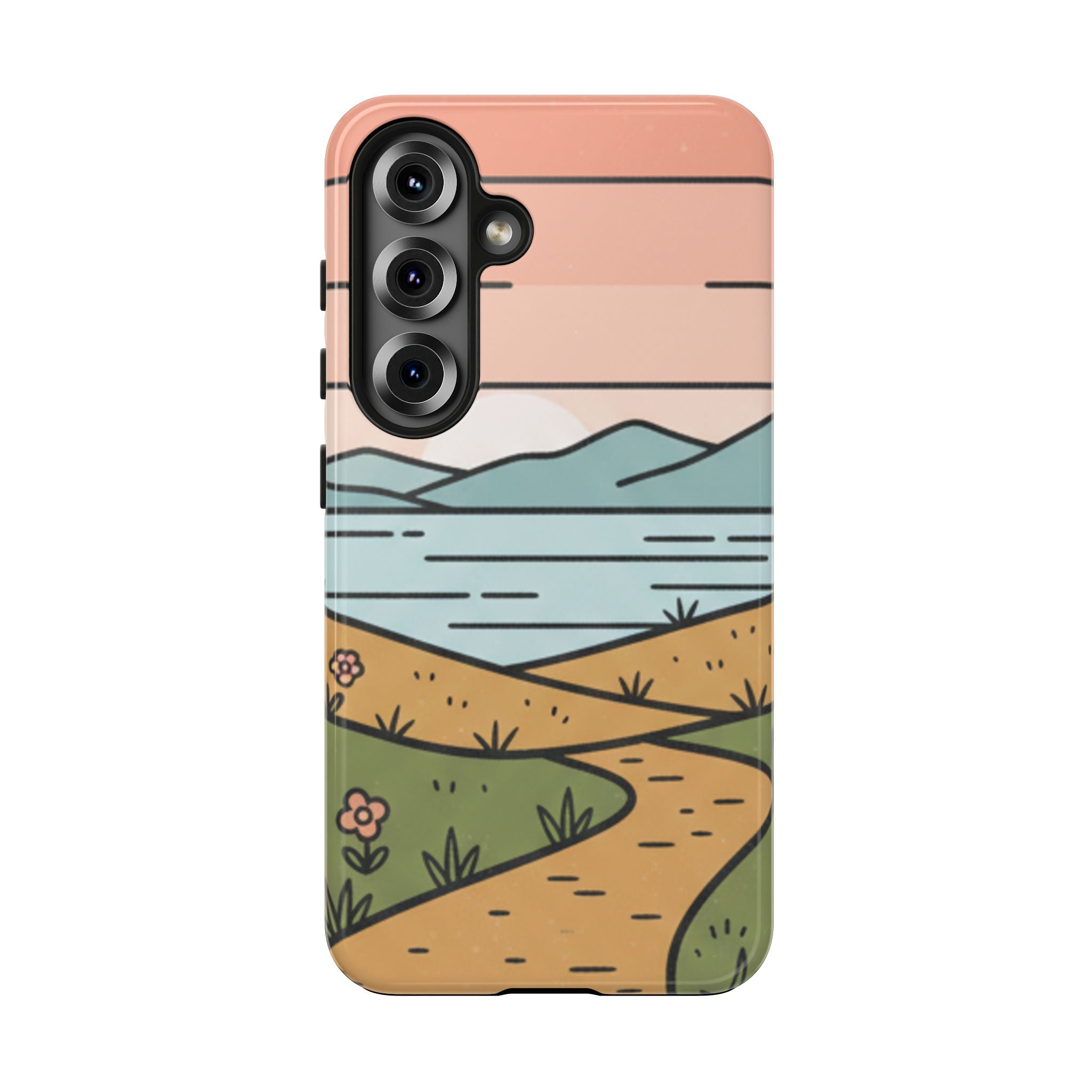 Scenic Path Tough Phone Case — Pastel Lake & Mountain Protective Cover