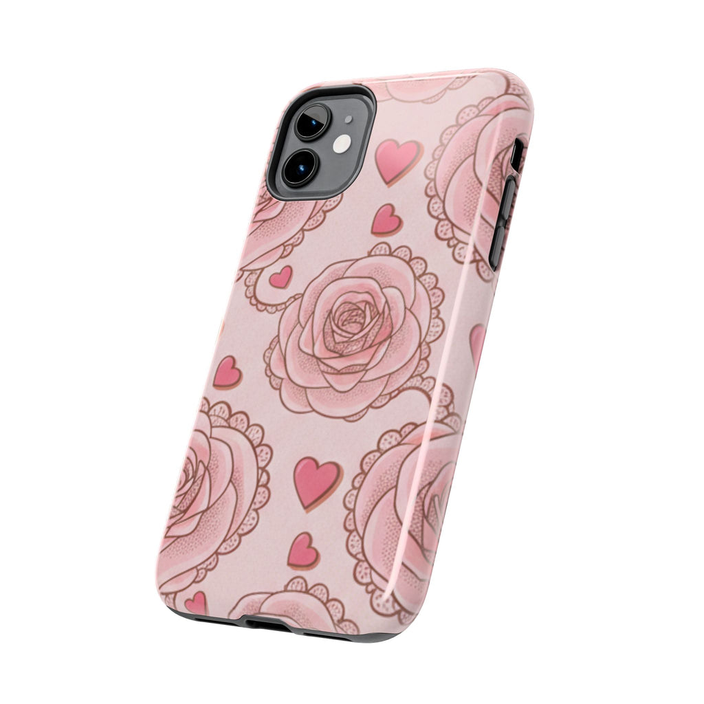 Floral Heart Phone Case — Pink Rose Pattern Tough Protective Case