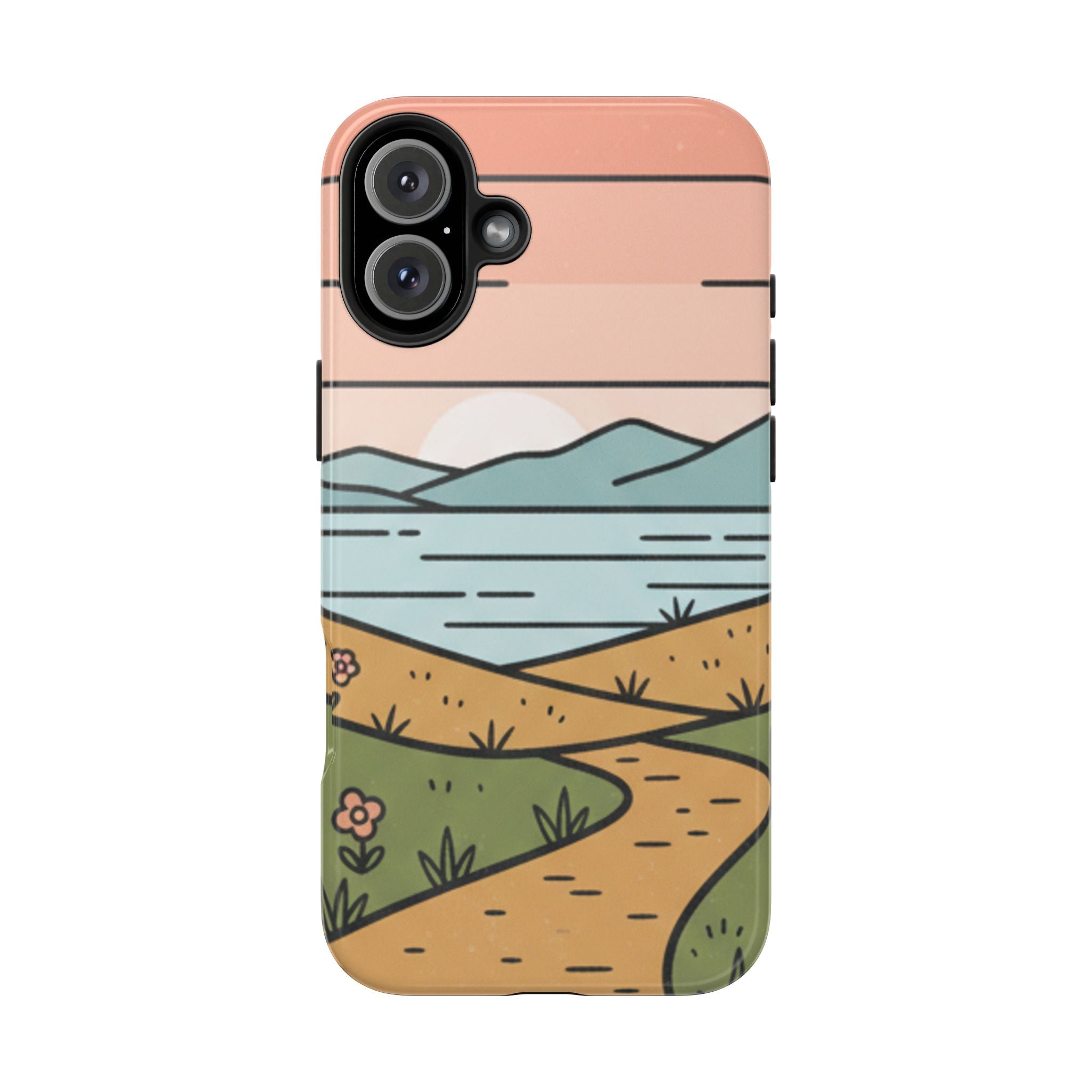 Scenic Path Tough Phone Case — Pastel Lake & Mountain Protective Cover