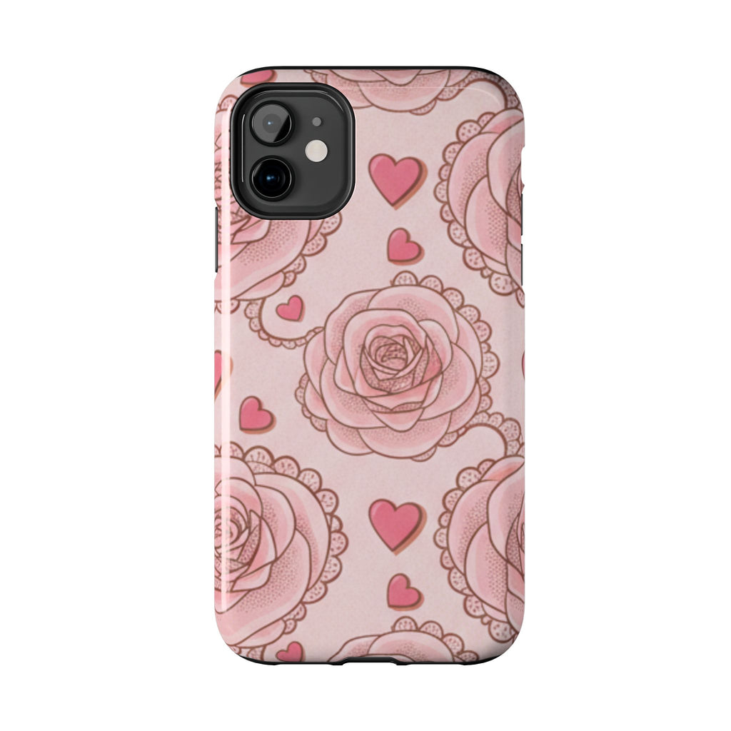 Floral Heart Phone Case — Pink Rose Pattern Tough Protective Case