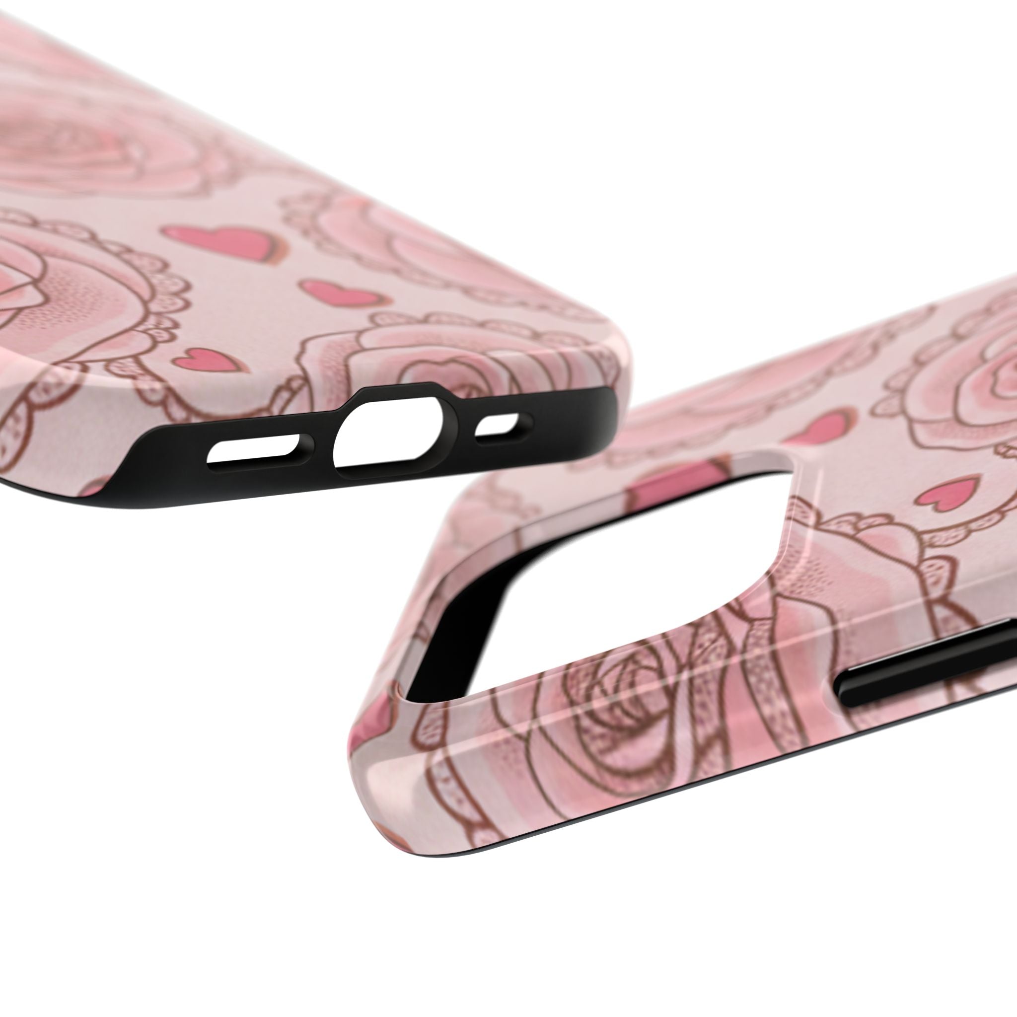 Floral Heart Phone Case — Pink Rose Pattern Tough Protective Case