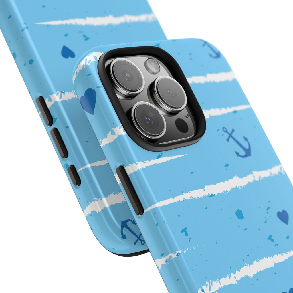 Nautical Blue Anchor & Hearts Tough Phone Case — Cute Striped Protective Cover