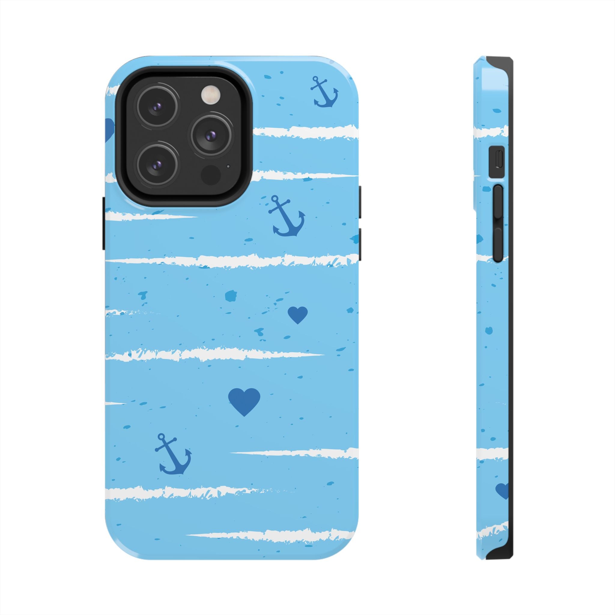 Nautical Blue Anchor & Hearts Tough Phone Case — Cute Striped Protective Cover