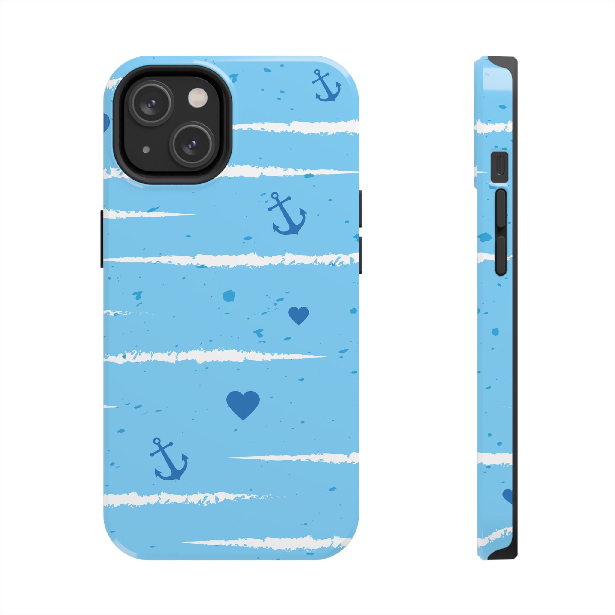 Nautical Blue Anchor & Hearts Tough Phone Case — Cute Striped Protective Cover